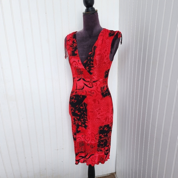 E. Gen Red Black Stretch Swim Cover Up Women's Print Dress Tie Shoulder Sz S - Picture 2 of 15